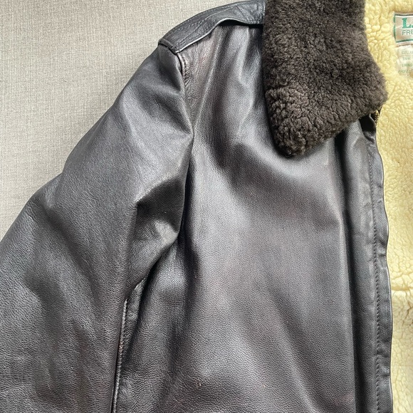 Vintage LL Bean Bomber Jacket Mens 42 Long Shearling Goatskin Brown Leather. - Picture 7 of 10